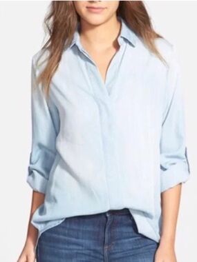Sam Edelman chambray Button-Front Shirt Roll Cuff Tabbed Sleeve